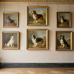 a photo from louvre in wes anderson style, beautiful paintings of dogs on the wall, 8 k, highly detailed