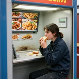 sadie sink as a coal miner : sits at a table, eats bread. inside a dirty automated kiosk. bright tasty food options displayed on a wall. black tiles on walls. black and white, pencil and ink. by gabriel hardman, joe alves, chris bonura. cinematic atmosphere, detailed and intricate, perfect anatomy