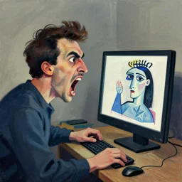 an angry man screams at his computer monitor, in the style of pablo picasso