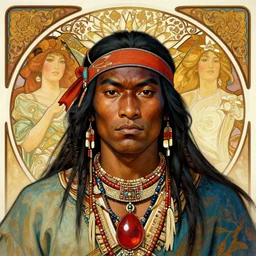 colourful upper half portrait of dark - skinned tribal warrior - art by tenmyouya hisashi, hsiao - ron cheng & alphonse mucha, highly detailed, digital painting, illustration, smooth, sharp focus, intricate, symmetry, pinterest, behance, artstation