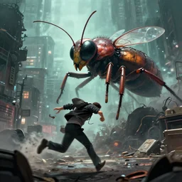 a man running in panic through a ghost city by a huge insect, made by stanley artgerm lau, wlop, rossdraws, artstation, cgsociety, concept art, cgsociety, octane render, trending on artstation, artstationhd, artstationhq, unreal engine, 4 k, 8 k,