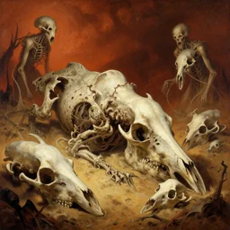 wasteland of morphed mammal bones, Zdzislaw Beksinski, Wayne Barlowe, Joe Fenton, gothic, cosmic horror, dystopian, biomorphic, lovecraftian, amazing details, warm hue's