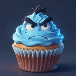 A humanoid tasty looking cupcake with bushy eyebrows and grumpy face, blue light, extra detailed, digital illustration, by Makoto Shinkai and thomas kinkade, digital painting, Matte painting, trending on artstation and unreal engine
