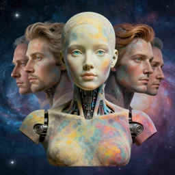 female robot, award winning, portrait bust, symmetry, faded lsd colors, galaxy background, tim hildebrandt, wayne barlowe, bruce pennington, donato giancola, larry elmore, masterpiece, trending on artstation, cinematic composition, beautiful lighting, hyper detailed