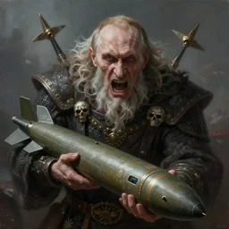 old vladimir putin as a grim god of death and war, very detailed, screaming, very old, holding an cruise missile. artwork by artgerm, centered face shot, wide angle, fantasy, highly detailed, digital painting, artstation, smooth, sharp focus, art by thomas kinkade and h. r. giger and tyler edlin