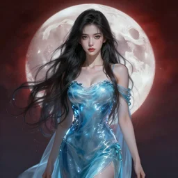 beautiful long haired russia girl, water dress, portrait, blood moon in background, highly detailed, digital painting, artstation, concept art, smooth, sharp focus, illustration, art by artgerm and greg rutkowski and makoto shinkai, jeremy lipkin