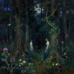 painterly dreamy dark forest with trees, flowers, birds, barely seen women, liana, thistle and midnight sky by Mikhail Vrubel, Aron Wiesenfeld dark fantasy, witcher, very detailed oil painting in the alla prima style, masterpiece, 8k