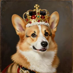 a painting of a corgi wearing an imperial crown, museum quality portrait