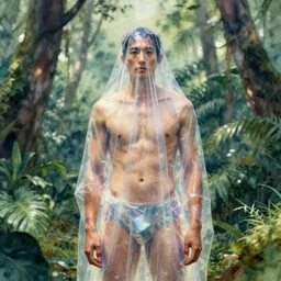 by sung choi by john kirby artgerm and greg rutkowski by ivan shishkin, octane render, unreal engine, watercolor, telephoto, 8 k, natural lighting, in a symbolic and meaningful style, fit toned asian male draped in clear iridescent cloth, face show no emotion, standing inside a tropical forest