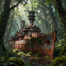 rusty warship dreadnought shipwreck in a lush forest, volumetric lighting, god rays, , global illumination, puddles of water, sci-fi, ivy, moss, trending on artstation, concept art by Greg Rutkowski and Sebastian Luca ad Moebius
