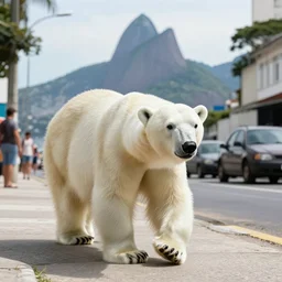 a polar bear walking through the streets of rio de janeiro. photo. award - winning photography.