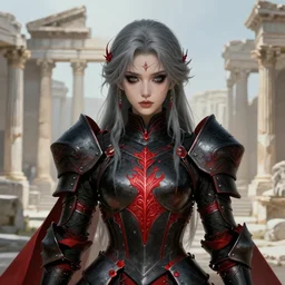 grey hair knights of zodiac girl + smoky eyes, matt black / little red color armor,, ssci - fi and fantasy, intricate and very very beautiful and elegant, highly detailed, digital painting, artstation, concept art, frostbite engine, smooth and sharp focus, illustration, art by tian zi and wlop and alphonse mucha, ( ( in ruined agora of athens background ) )