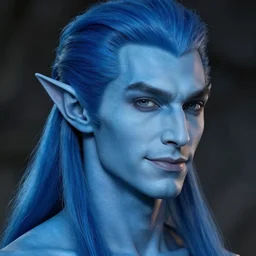 a face portrait of a humanoid male with blueskin, elegant, chiseled jaw, slightly smiling, triton race from d & d, elf ears, beautiful man, long blue hair in a ponytail, short hair on sides, style by donato giancola, wayne reynolds, jeff easley dramatic light, high detail, cinematic lighting, artstation,