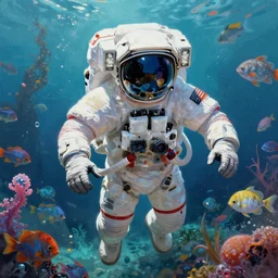 a digital painting of an astronaut floating in a bright colorful alien ocean surrounded by alien fish, sharp focus, retro futuristic by beeple, wayne barlowe, roger dean and ernst haeckel