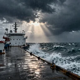 dock of a harbor with rough seas and rain, scarry, High definition, detailed,