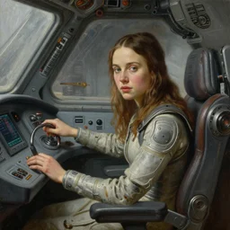 a realistic oil painting of a girl resembling alicia vikander or millie bobby brown in a futuristic mechanical spaceship cockpit, highly detailed, intricate, artstation, by donato giancola and william adolphe bouguereau