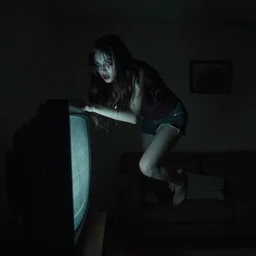creepy girl climbing out of the TV into a dark living, in the style of The Ring, found footage, VHS, film grain, cursed