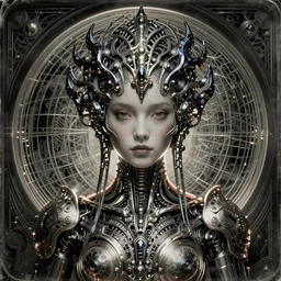 symmetry!!!! intensely intricate tintype fan art full front pose, strikingly beautiful young girl alluring biomech - cyberpunk model with porcelain skin, rim light, intricate headdress of liquid dark energy, ultra - fine detail, deep space, art nouveau futuristic background, heavily detailed, spherical mesh wire, digital art by artgerm, mucha, loish, wlop, kilian eng, artstation