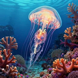 Skeleton of a jellyfish being reclaimed by coral, intricate digital artwork, ditial art, high definition, vibrant colors, eye catching