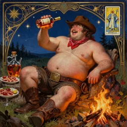 a dramatic, epic, ethereal painting of a (!!!!!!handsome!!!!!!) thicc chunky beefy mischievous shirtless with a big beer belly wearing a large belt and bandana offering a whiskey bottle | he is a cowboy relaxing by a campfire | background is a late night with food and jugs of whisky | homoerotic | fat build, stars, tarot card, art deco, art nouveau, intricate | by Mark Maggiori (((and Alphonse Mucha))) | trending on artstation