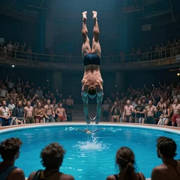 downward view of diver plunging downward at circus, pool below, epic fantasy, crowd of people watching, Photorealistic, establishing shot, cinematic lighting, , dramatic lighting, atmospheric, realistic, octane render, highly detailed, color graded, matte painting in the style of craig mullins