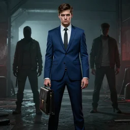 man in his 20s with short brown hair wearing a blue business suit, holding a briefcase as a killer on Dead by Daylight