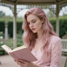 cinestill 5 0 d portrait of a dreamy beautiful woman britt marling 3 / 4 by roversi reading a book sitting under a gazebo in a baroque garden, long hair, wearing lace, 3 5 mm lens, 8 k, elegant, highly detailed, pale mute pink matt, soft blur, artstation, sharp focus, head in focus
