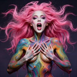 pink - haired woman, mouth opened, psychedlic body painting, no makeup, detailed arms & hands, detailed lips, ahegao face, detailed frontal declotage and thick flowing hair, by gil elvgren, julie bell, and randolph stanley hewton, fantasy, photorealism, splatter, bleed, epic lighting, hyperrealism, 8 k