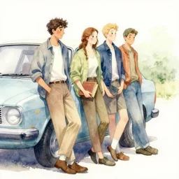 watercolor people leaning against a car, old book