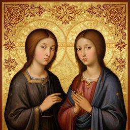 portrait of 2 asian looking girls in iconography style andrei rublev glitter chinese ornament background