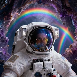 extreme close up astronaut portrait, rainbow [ [ [ crystal ] ] ] caves, amethyst, beautiful dynamic lighting, nebula sky, cinematic, wide angle establishing shot, extremely high detail, photo realistic, cinematic lighting, matte painting, interstellar, greg rutkowski, roger deakins