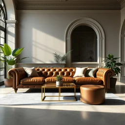 a modern chesterfield couch, indoor room, clean baroque architecture, bronze colored, a couch table, some fresh plants, daylight, dark green blue peaceful, 8 k octane render