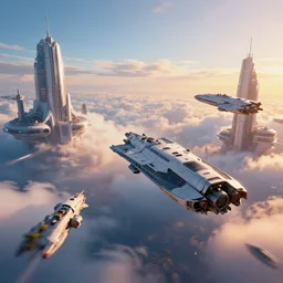 a cinematic shot of spaceships flying through futuristic cloud city, hyperrealistic, late afternoon, colourful, sharp focus, artstation, wide angle
