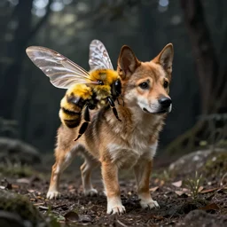 the hybrid of a dog and bumblebee the dog has wings, chimera, photo realistic, realistic lighting, stunning