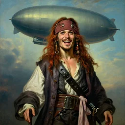 realist portrait painting of a 3 0 years old rugged joyful male pirate long long hair soft hair crimson hair simplistic clothes long coat upper body elegant muscular rugged handsome, prominent floating mechanical zeppelin in upper background sky, key art cinematic lighting art 1 9 4 5 by mucha rutkowski artgerm