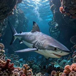 giant realistic sharks, underwater coral cavern, d & d, fantasy, digital painting, artstation, sharp focus, 8 k high definition, extremely detailed, stunningly beautiful, cover by artgerm, art by greg rutkowski