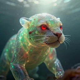 ( underwater ) closeup portrait of a living goo on a ( ( transparentcyborg leshy panther with glowing veins ) ), cinematic light, looking to the side off camera, backlight glow, green bright red, mist, by mikhail vrubel, by philippe druillet, by peter elson, by gerald brom, muted colors, extreme detail, trending on artstation, 8 k