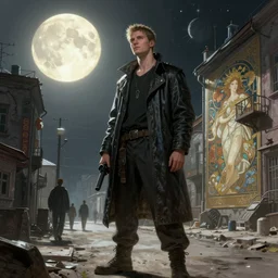 A photo of cyberpunk gopnik on the street of a Soviet slum on the Moon, blinding sun, Norilsk, sci-fi, fantasy, intricate, very very beautiful, by Evgeny Zubvkov, elegant, highly detailed, digital painting, artstation, concept art, smooth, sharp focus, illustration, art by artgerm and greg rutkowski and alphonse mucha