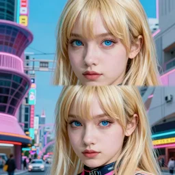 Cinestill 50d,8K,highly detailed: beautiful three point perspective extreme closeup portrait photo in style of H.G Giger style 2000s frontiers in cosplay retrofuturism tokyo seinen manga street photography fashion edition, tilt shift zaha hadid style anime tokyo background, highly detailed, focus on model;vaporwave ;blonde hair;blue eyes;tendu pose, clear eyes, soft lighting