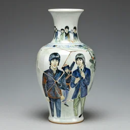 vase work, vase art of The beatles in art style of chinese art, fragmented clay firing chinese vase with an The beatles, chinese art!!!!! chinese art