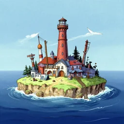 a remote island research station in the middle of the ocean, rhads!!!, magical realism, urban fantasy, saturday morning cartoon, clean linework, ( alexander archipenko ), ( tex avery ), western animation