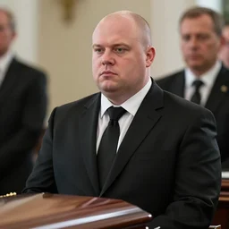 cinematic still of chubby clean-shaven white man wearing black suit and black necktie in a funeral scene setting (1995), XF IQ4, f/1.4, ISO 200, 1/160s, 8K, RAW, dramatic lighting, symmetrical balance, in-frame