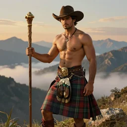 a dramatic epic beautiful painting of a handsome shirtless desi cowboy in the mountains | he is wearing a scottish plaid kilt and cowboy hat, and holding an intricately carved staff | background is mountains! and clouds | homoerotic, golden hour | by clyde aspevig and albert bierstadt and caspar david friedrich | trending on artstation