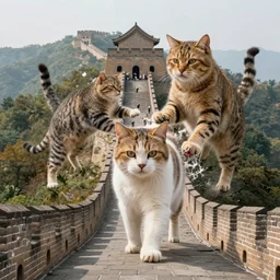 giant cats destroying the great wall of china, cinematic, photorealistic