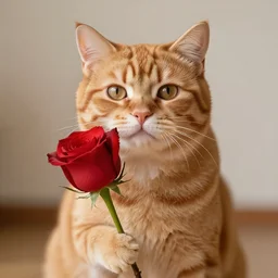 a ginger cat holding a rose