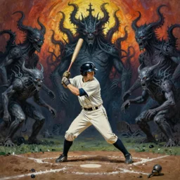 painting of a man playing baseball with eldritch beings, by Zdzislaw Beksinski, gothic, amazing details, cold hue's, warm tone gradient background