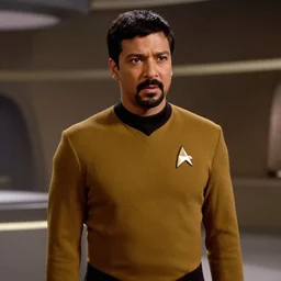 mammootty, in Starfleet uniform, in the role of Captain Kirk in a scene from Star Trek the original series