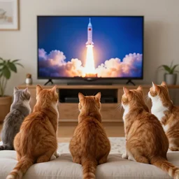 1 9 8 0's color photo, living room, 5 ginger cats watching rocket lift - off on television screen, cats are sitting on sofa