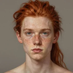 portrait of a thin young man with red hair ponytail freckles on his face, intricate, symetric, highly detailed, digital painting, artstation, sharp focus, illustration