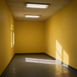 randomly divided rooms and walls, yellow walls, tile ceiling, fluorescent lights, claustrophobic